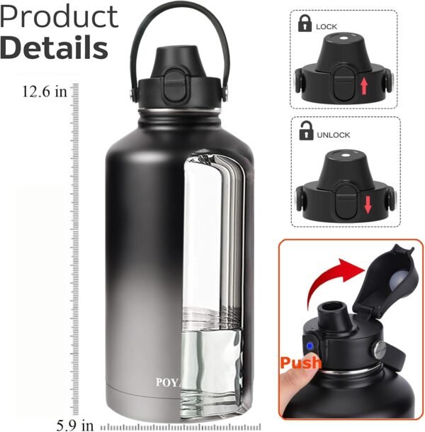 Water Bottle Insulated 32oz 40oz 64oz 128oz Straw Lid Spout Lid & 3 Lids, Leak Proof, Vacuum Insulated,Stainless Steel Water Bottle Wide Mouth for Sports, Gym or Office