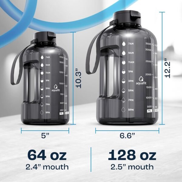 AQUAFIT 64 oz Water Bottle with Time Marker - Straw & Chug Lid - BPA Free Half Gallon Gym Water Bottle with Handle - Big Gallon Jug (Gray, 64 Ounces)