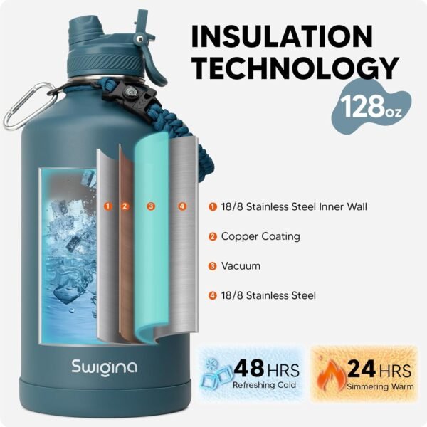 Swigina [2-IN-1 LID] Insulated Water Bottle with Silicone Boot (36hrs Cold/18hrs Hot) - DIY Stickers, Leakproof, BPA Free, 24 oz