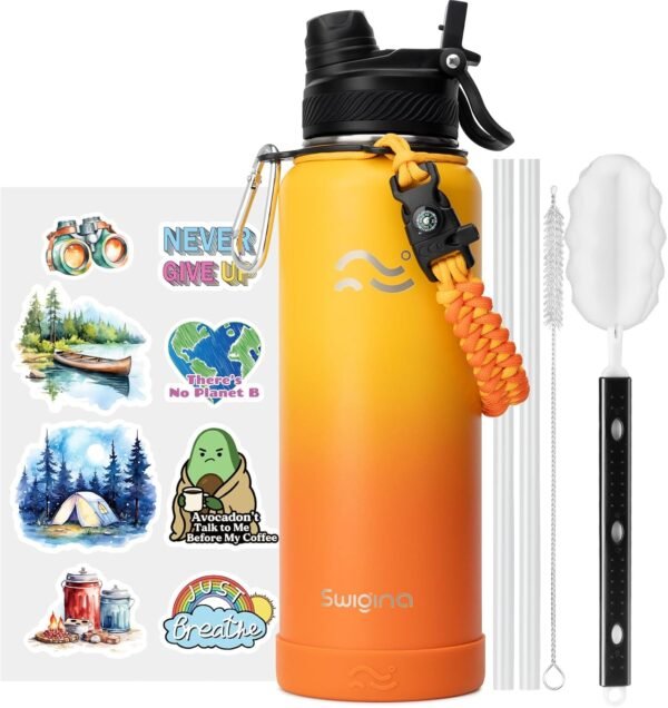 Swigina [2-IN-1 LID] Insulated Water Bottle with Silicone Boot (36hrs Cold/18hrs Hot) - DIY Stickers, Leakproof, BPA Free, 24 oz