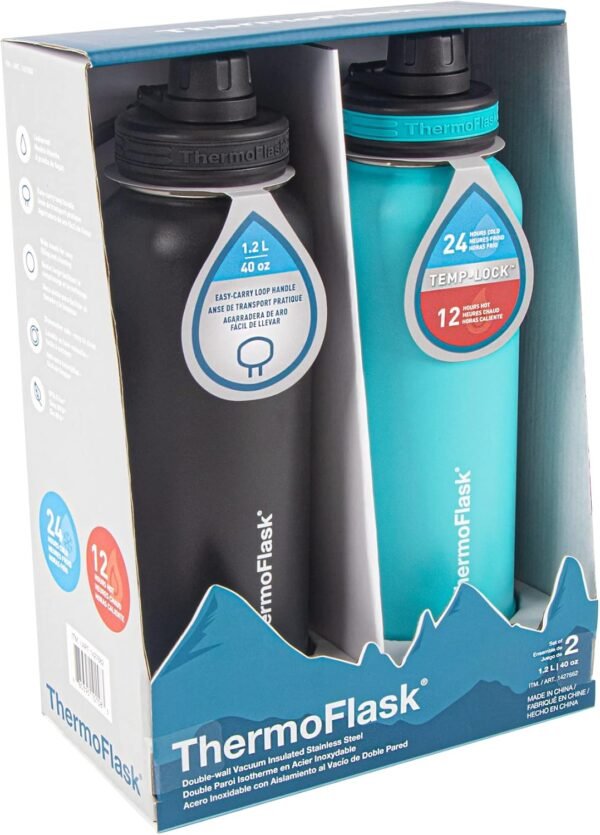 ThermoFlask Bottle with Spout Lid - Stainless Steel Water Bottles with Double-Wall Insulation & BPA-Free Spout Lids - Leak-Proof Reusable Bottles & Lids - 24 oz, Mayan Blue/Black (2 Pack)