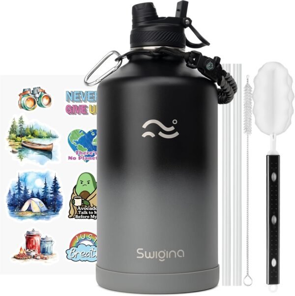 Swigina [2-IN-1 LID] Insulated Water Bottle with Silicone Boot (36hrs Cold/18hrs Hot) - DIY Stickers, Leakproof, BPA Free, 24 oz
