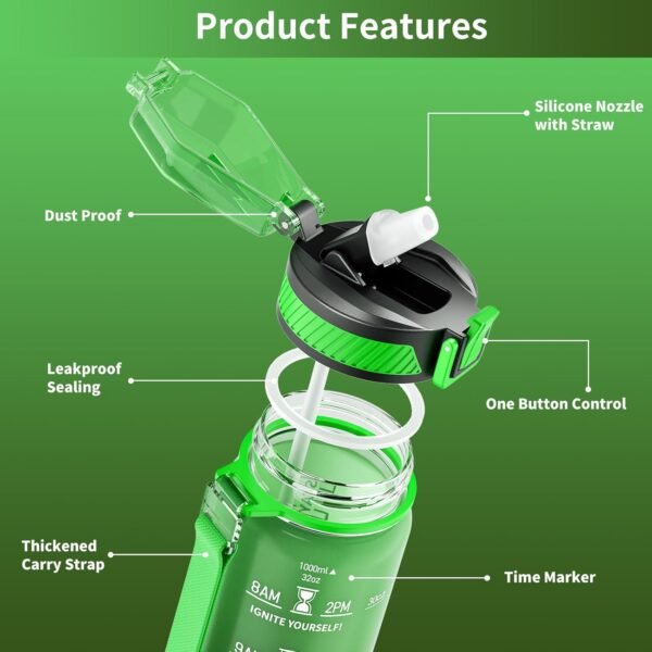 QLUR Water Bottle with Straw, 32oz Motivational Water Bottles with Time Marker to Drink, Tritan BPA Free, 1L Sports Water Bottle with Carry Strap LeakProof for Women Gym Fitness Outdoor (1 Pack)
