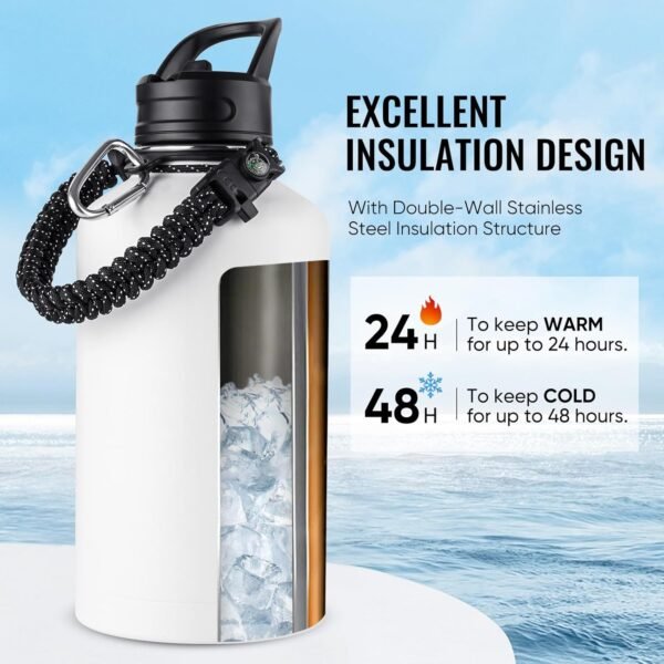 Fijinhom 24 oz Insulated Water Bottle with Handle, 304 Stainless Steel Water Bottles with Wide Mouth, Double Wall Vacuum Sports Water Bottle, BPA Free, Keep Cold and Hot, Black