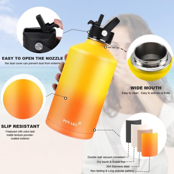 Water Bottle Insulated 32oz 40oz 64oz 128oz Straw Lid Spout Lid & 3 Lids, Leak Proof, Vacuum Insulated,Stainless Steel Water Bottle Wide Mouth for Sports, Gym or Office