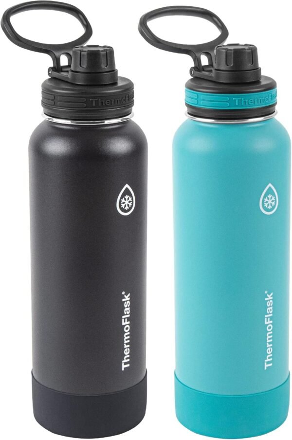ThermoFlask Bottle with Spout Lid - Stainless Steel Water Bottles with Double-Wall Insulation & BPA-Free Spout Lids - Leak-Proof Reusable Bottles & Lids - 24 oz, Mayan Blue/Black (2 Pack)