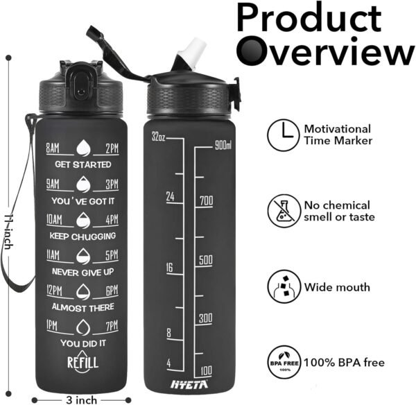 Hyeta 32 oz Water Bottles with Times to Drink and Straw, Motivational Water Bottle with Time Marker, Leakproof, Drinking Sports Water Bottle for Fitness, Gym and Outdoor