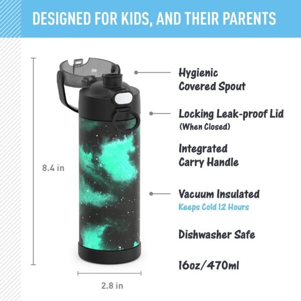 THERMOS FUNTAINER 16 Ounce Stainless Steel Vacuum Insulated Bottle with Wide Spout Lid, Galaxy Teal