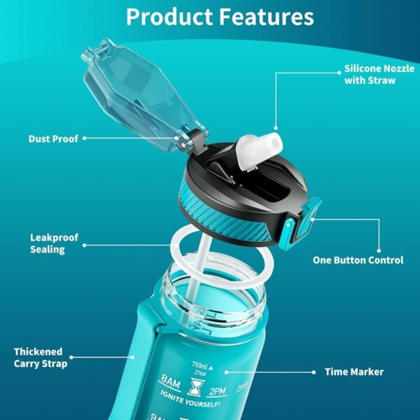 QLUR Water Bottle with Straw, 32oz Motivational Water Bottles with Time Marker to Drink, Tritan BPA Free, 1L Sports Water Bottle with Carry Strap LeakProof for Women Gym Fitness Outdoor (1 Pack)