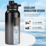 Fijinhom 24 oz Insulated Water Bottle with Handle, 304 Stainless Steel Water Bottles with Wide Mouth, Double Wall Vacuum Sports Water Bottle, BPA Free, Keep Cold and Hot, Black