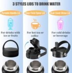 Water Bottle Insulated 32oz 40oz 64oz 128oz Straw Lid Spout Lid & 3 Lids, Leak Proof, Vacuum Insulated,Stainless Steel Water Bottle Wide Mouth for Sports, Gym or Office