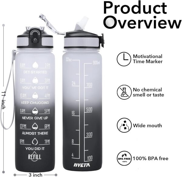 Hyeta 32 oz Water Bottles with Times to Drink and Straw, Motivational Water Bottle with Time Marker, Leakproof, Drinking Sports Water Bottle for Fitness, Gym and Outdoor