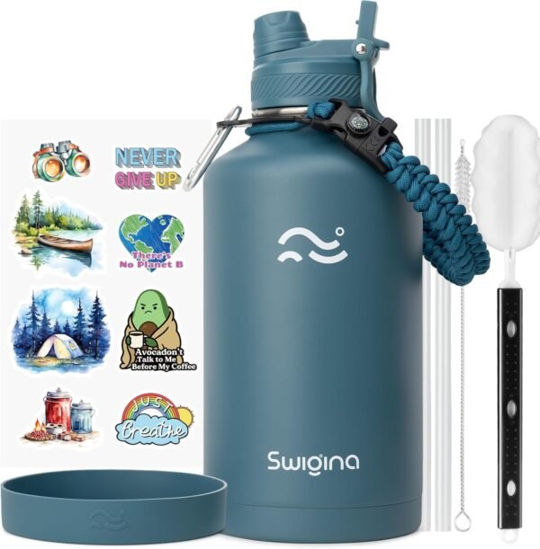 Swigina [2-IN-1 LID] Insulated Water Bottle with Silicone Boot (36hrs Cold/18hrs Hot) - DIY Stickers, Leakproof, BPA Free, 24 oz