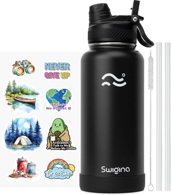 Swigina [2-IN-1 LID] Insulated Water Bottle with Silicone Boot (36hrs Cold/18hrs Hot) - DIY Stickers, Leakproof, BPA Free, 24 oz