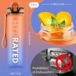 QLUR Water Bottle with Straw, 32oz Motivational Water Bottles with Time Marker to Drink, Tritan BPA Free, 1L Sports Water Bottle with Carry Strap LeakProof for Women Gym Fitness Outdoor (1 Pack)