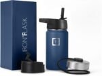 IRON °FLASK Camping & Hiking Hydration Flask with 3 Lids - Stainless Steel, Double Walled & Vacuum Insulated Water Bottle - Leak Proof & BPA Free (Midnight Black, Straw - 40 oz)