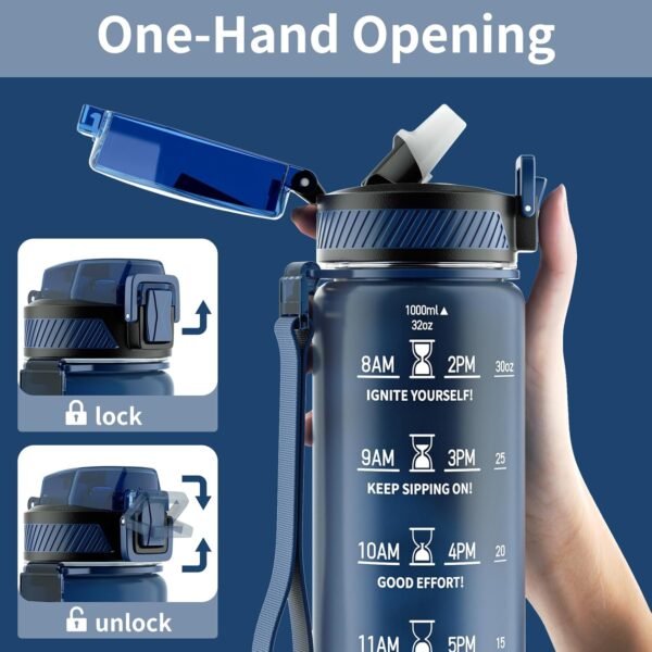 QLUR Water Bottle with Straw, 32oz Motivational Water Bottles with Time Marker to Drink, Tritan BPA Free, 1L Sports Water Bottle with Carry Strap LeakProof for Women Gym Fitness Outdoor (1 Pack)