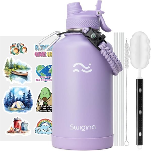 Swigina [2-IN-1 LID] Insulated Water Bottle with Silicone Boot (36hrs Cold/18hrs Hot) - DIY Stickers, Leakproof, BPA Free, 24 oz