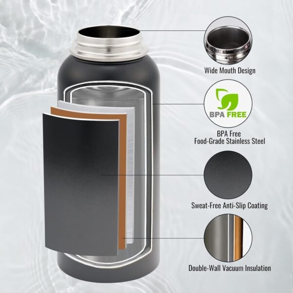 Fijinhom 24 oz Insulated Water Bottle with Handle, 304 Stainless Steel Water Bottles with Wide Mouth, Double Wall Vacuum Sports Water Bottle, BPA Free, Keep Cold and Hot, Black