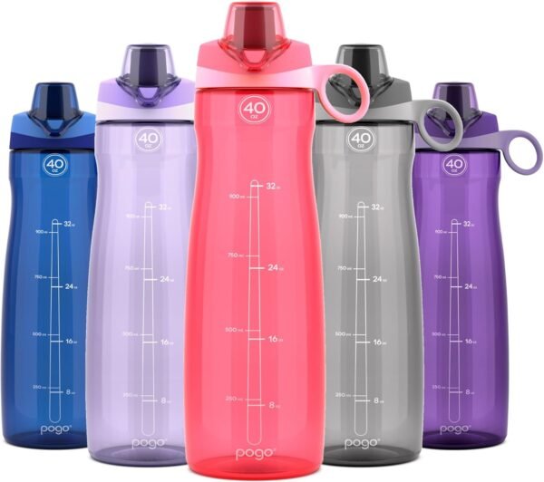 Pogo Plastic Water Bottle with Chug Lid and Carry Handle, Reusable, BPA Free, Dishwasher Safe, Perfect for Travel, School, Outdoors, and Gym | 18oz, 32oz, 40oz, 64oz