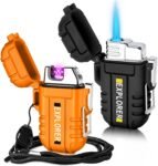 2 Pack Waterproof Lighter Outdoor Windproof Torch Lighters Dual Arc Butane Electric Lighters USB Rechargeable Lighters Flameless Plasma Lighter Camping Hiking Adventure Survival Tactical Gear