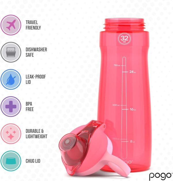 Pogo Plastic Water Bottle with Chug Lid and Carry Handle, Reusable, BPA Free, Dishwasher Safe, Perfect for Travel, School, Outdoors, and Gym | 18oz, 32oz, 40oz, 64oz
