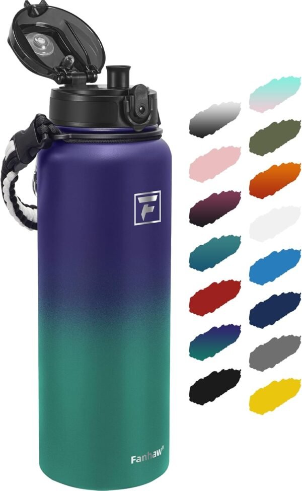 Fanhaw 20 Oz Insulated Stainless Steel Vacuum Water Bottle with Anti-Dust Pop-Open Lid - For Kids, Women, Men | Leak & Sweat Proof (Green Blue)