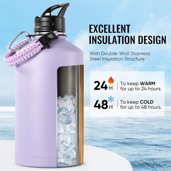 Fijinhom 24 oz Insulated Water Bottle with Handle, 304 Stainless Steel Water Bottles with Wide Mouth, Double Wall Vacuum Sports Water Bottle, BPA Free, Keep Cold and Hot, Black