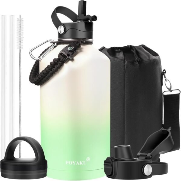 Water Bottle Insulated 32oz 40oz 64oz 128oz Straw Lid Spout Lid & 3 Lids, Leak Proof, Vacuum Insulated,Stainless Steel Water Bottle Wide Mouth for Sports, Gym or Office