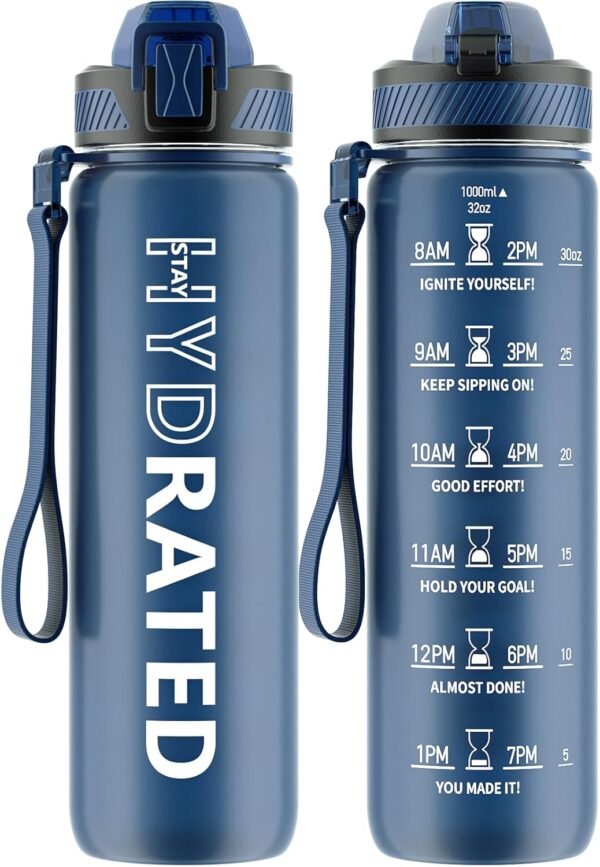 QLUR Water Bottle with Straw, 32oz Motivational Water Bottles with Time Marker to Drink, Tritan BPA Free, 1L Sports Water Bottle with Carry Strap LeakProof for Women Gym Fitness Outdoor (1 Pack)