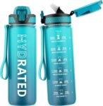 QLUR Water Bottle with Straw, 32oz Motivational Water Bottles with Time Marker to Drink, Tritan BPA Free, 1L Sports Water Bottle with Carry Strap LeakProof for Women Gym Fitness Outdoor (1 Pack)