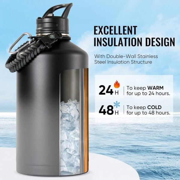 Fijinhom 24 oz Insulated Water Bottle with Handle, 304 Stainless Steel Water Bottles with Wide Mouth, Double Wall Vacuum Sports Water Bottle, BPA Free, Keep Cold and Hot, Black
