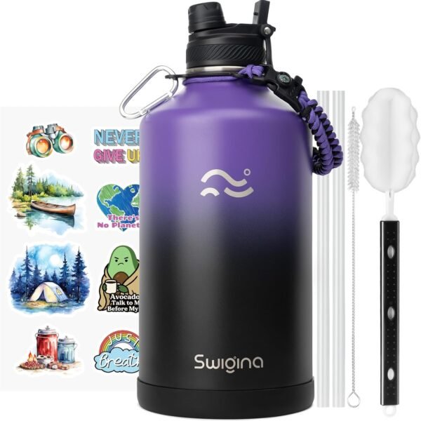 Swigina [2-IN-1 LID] Insulated Water Bottle with Silicone Boot (36hrs Cold/18hrs Hot) - DIY Stickers, Leakproof, BPA Free, 24 oz
