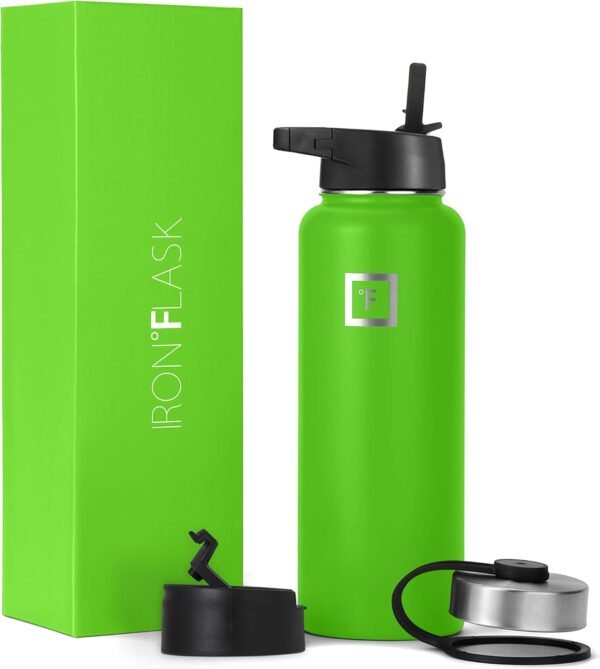 IRON °FLASK Camping & Hiking Hydration Flask with 3 Lids - Stainless Steel, Double Walled & Vacuum Insulated Water Bottle - Leak Proof & BPA Free (Midnight Black, Straw - 40 oz)