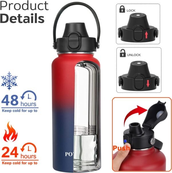 Water Bottle Insulated 32oz 40oz 64oz 128oz Straw Lid Spout Lid & 3 Lids, Leak Proof, Vacuum Insulated,Stainless Steel Water Bottle Wide Mouth for Sports, Gym or Office
