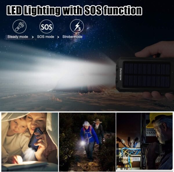 Solar Charger Power Bank, 20000mAh Portable Outdoor Waterproof Solar Battery Charger, Camping External Backup Battery Pack USB C Ports Input/Output, 2 Led Light Flashlight with Compass (Orange)