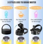 Water Bottle Insulated 32oz 40oz 64oz 128oz Straw Lid Spout Lid & 3 Lids, Leak Proof, Vacuum Insulated,Stainless Steel Water Bottle Wide Mouth for Sports, Gym or Office