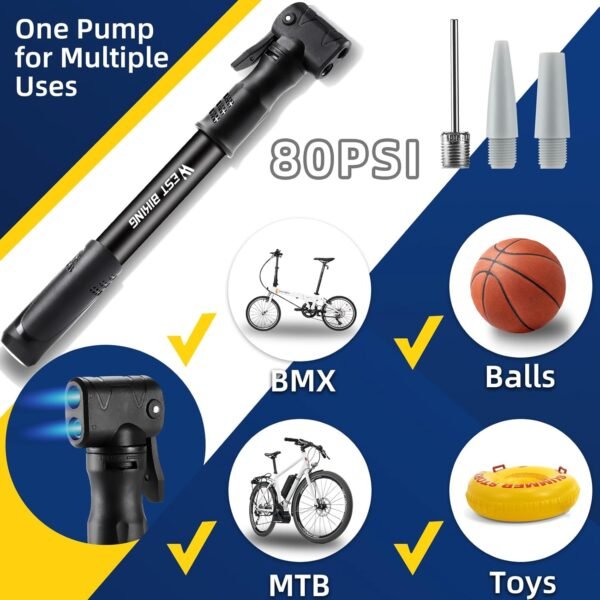 Bicycle Pump Mini Bike Pump - Aluminum Alloy Cycle Pump for Presta & Schrader Valve, Portable Lightweight Bike Tyre Pump Fast Tyre Inflation Mini Air Pump for Mountain Road Bike Ball Pump