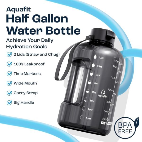 AQUAFIT 64 oz Water Bottle with Time Marker - Straw & Chug Lid - BPA Free Half Gallon Gym Water Bottle with Handle - Big Gallon Jug (Gray, 64 Ounces)