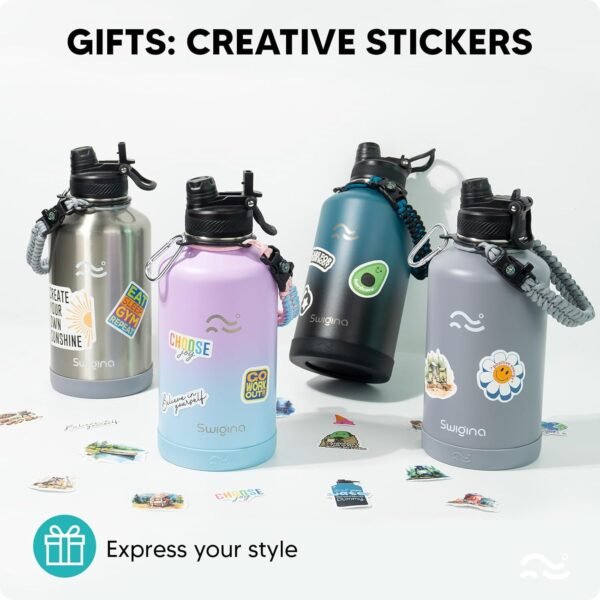 Swigina [2-IN-1 LID] Insulated Water Bottle with Silicone Boot (36hrs Cold/18hrs Hot) - DIY Stickers, Leakproof, BPA Free, 24 oz