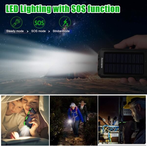 Solar Charger Power Bank, 20000mAh Portable Outdoor Waterproof Solar Battery Charger, Camping External Backup Battery Pack USB C Ports Input/Output, 2 Led Light Flashlight with Compass (Orange)