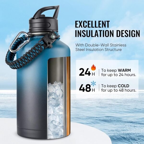 Fijinhom 24 oz Insulated Water Bottle with Handle, 304 Stainless Steel Water Bottles with Wide Mouth, Double Wall Vacuum Sports Water Bottle, BPA Free, Keep Cold and Hot, Black