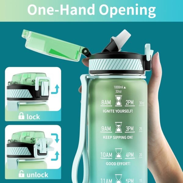 QLUR Water Bottle with Straw, 32oz Motivational Water Bottles with Time Marker to Drink, Tritan BPA Free, 1L Sports Water Bottle with Carry Strap LeakProof for Women Gym Fitness Outdoor (1 Pack)