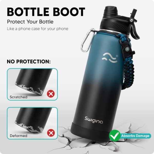 Swigina [2-IN-1 LID] Insulated Water Bottle with Silicone Boot (36hrs Cold/18hrs Hot) - DIY Stickers, Leakproof, BPA Free, 24 oz