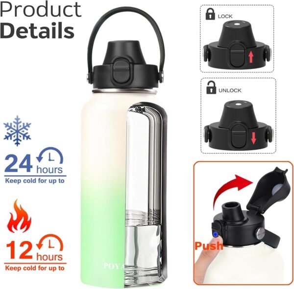 Water Bottle Insulated 32oz 40oz 64oz 128oz Straw Lid Spout Lid & 3 Lids, Leak Proof, Vacuum Insulated,Stainless Steel Water Bottle Wide Mouth for Sports, Gym or Office