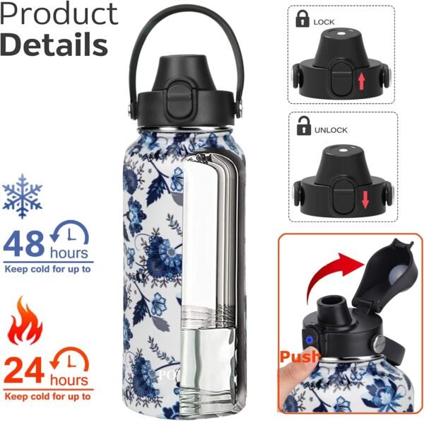 Water Bottle Insulated 32oz 40oz 64oz 128oz Straw Lid Spout Lid & 3 Lids, Leak Proof, Vacuum Insulated,Stainless Steel Water Bottle Wide Mouth for Sports, Gym or Office