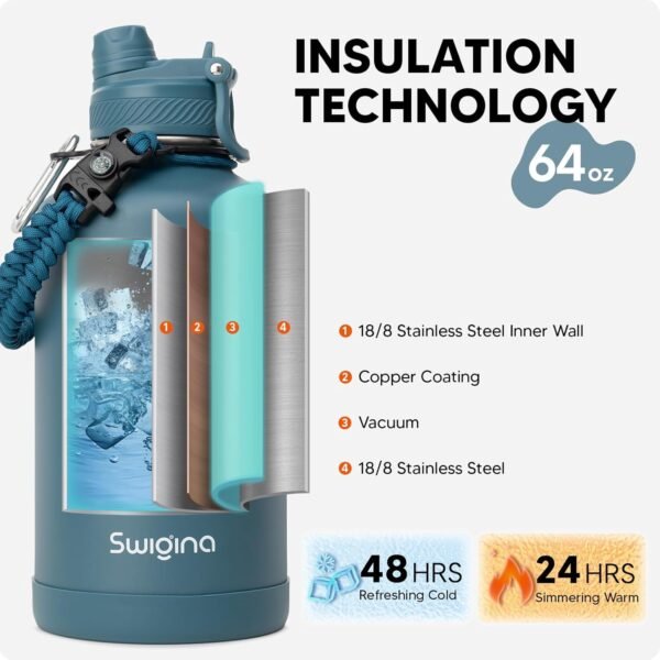 Swigina [2-IN-1 LID] Insulated Water Bottle with Silicone Boot (36hrs Cold/18hrs Hot) - DIY Stickers, Leakproof, BPA Free, 24 oz