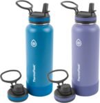 ThermoFlask Bottle with Spout Lid - Stainless Steel Water Bottles with Double-Wall Insulation & BPA-Free Spout Lids - Leak-Proof Reusable Bottles & Lids - 24 oz, Mayan Blue/Black (2 Pack)