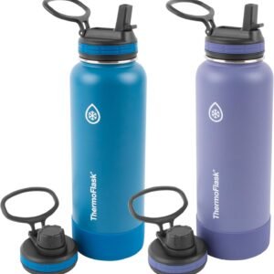 ThermoFlask Bottle with Spout Lid - Stainless Steel Water Bottles with Double-Wall Insulation & BPA-Free Spout Lids - Leak-Proof Reusable Bottles & Lids - 24 oz, Mayan Blue/Black (2 Pack)
