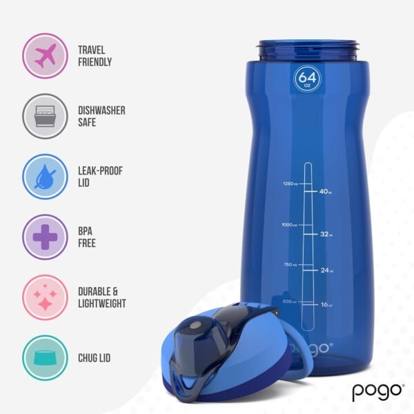 Pogo Plastic Water Bottle with Chug Lid and Carry Handle, Reusable, BPA Free, Dishwasher Safe, Perfect for Travel, School, Outdoors, and Gym | 18oz, 32oz, 40oz, 64oz